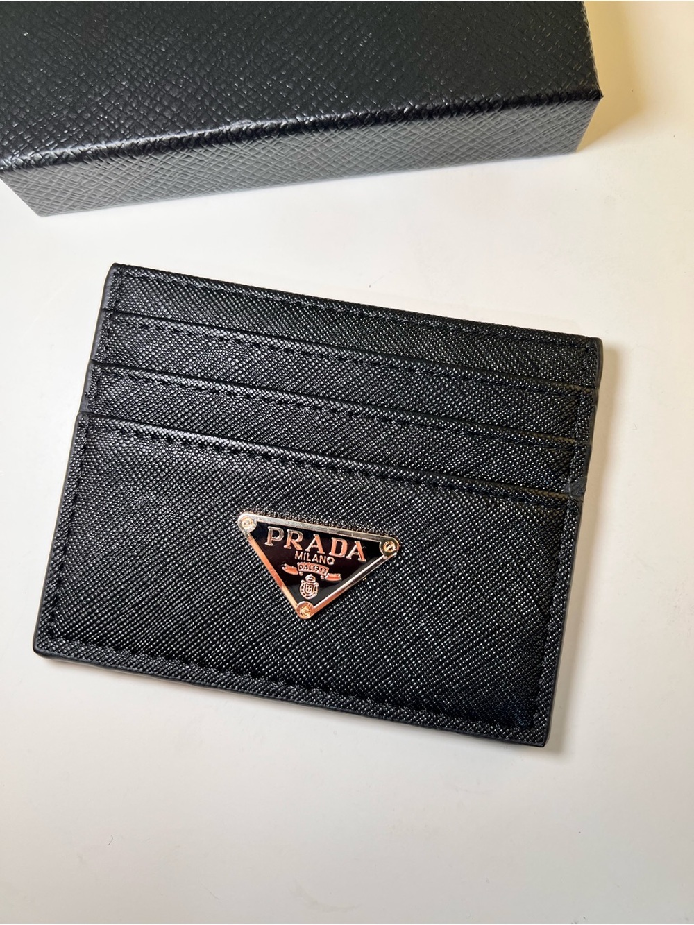 Prada Black Saffiano Leather Card Case with Rose Gold Triangle Logo